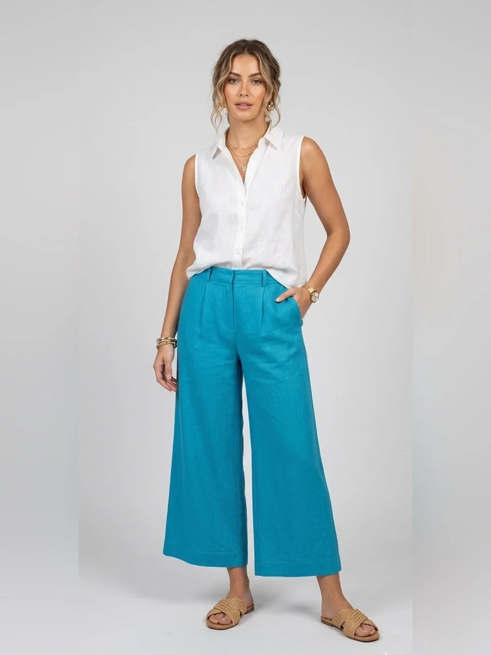 YFB High Waisted Wide Leg Culottes Coastal Grandmother Art Pants LARGE Cyan Blue